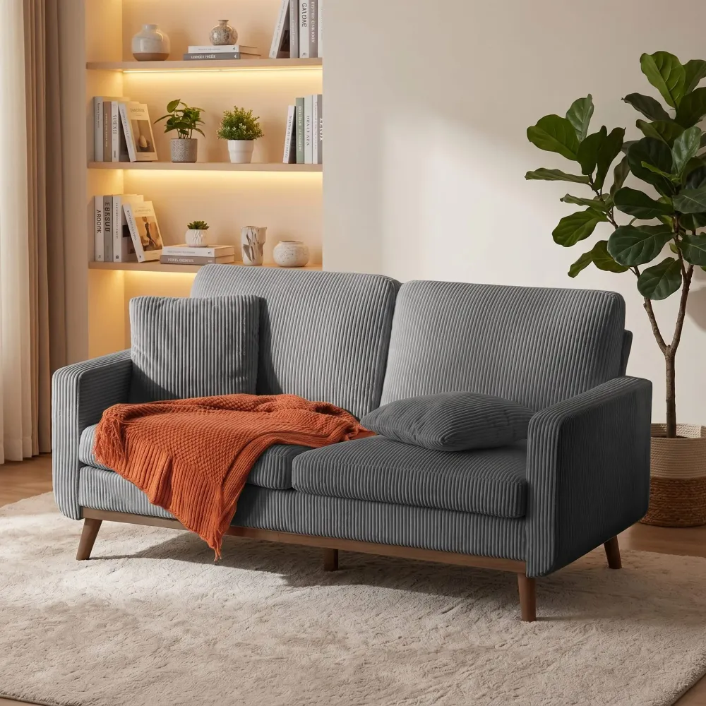 Minimalistička dvosjed od korduroja s 2 jastuka | Drveni okvir | 172x84x86 cm | Sofa za igranje i kućno kino | za kućni ur...