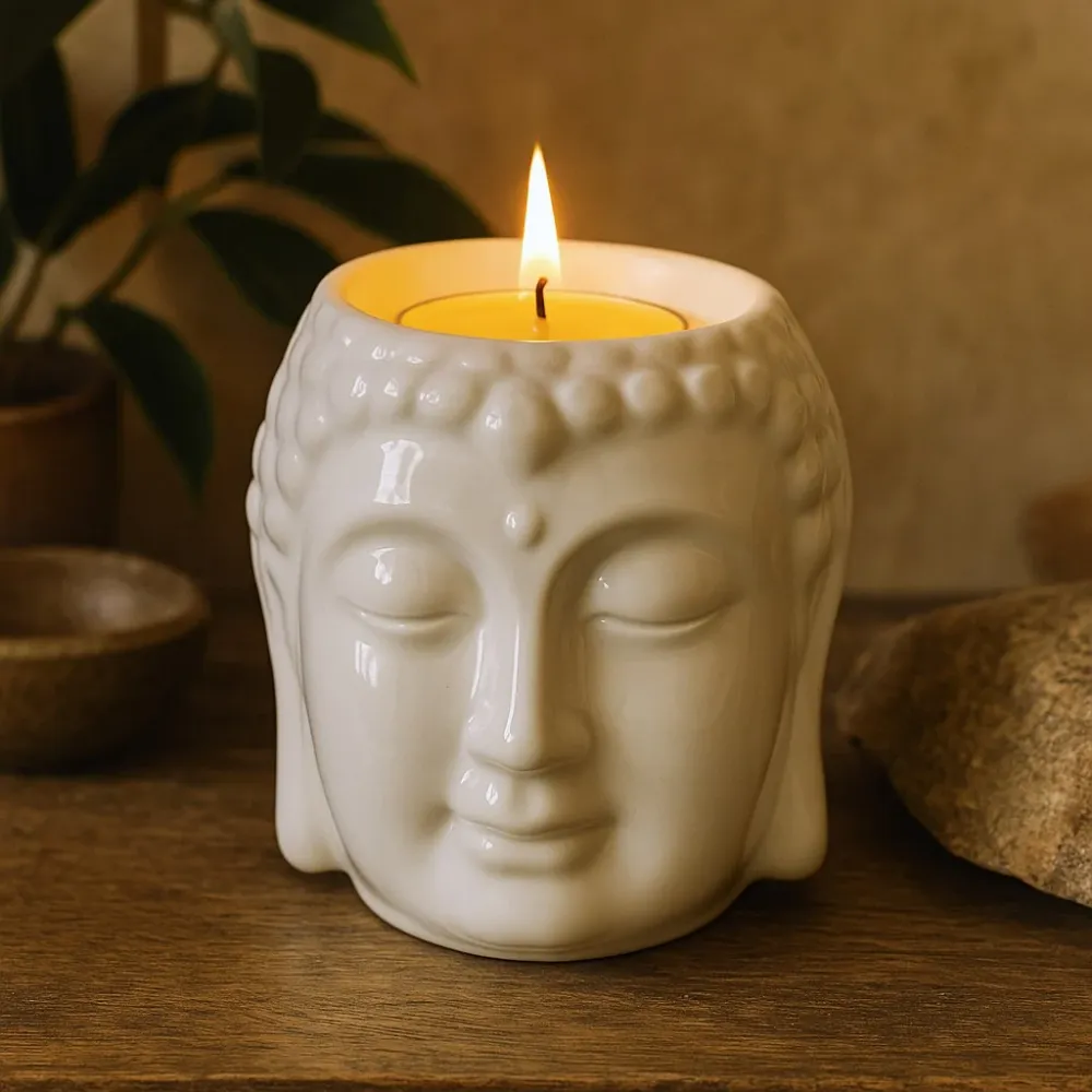 Buddha glava držč za čajnu svijeću i ulje, bijela keramika