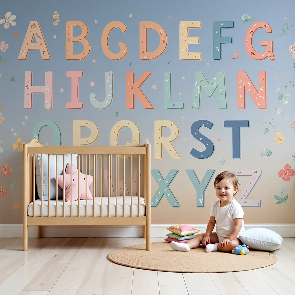 Dječja soba tapeta | Abeceda u pastelnim bojama i cvjetovi