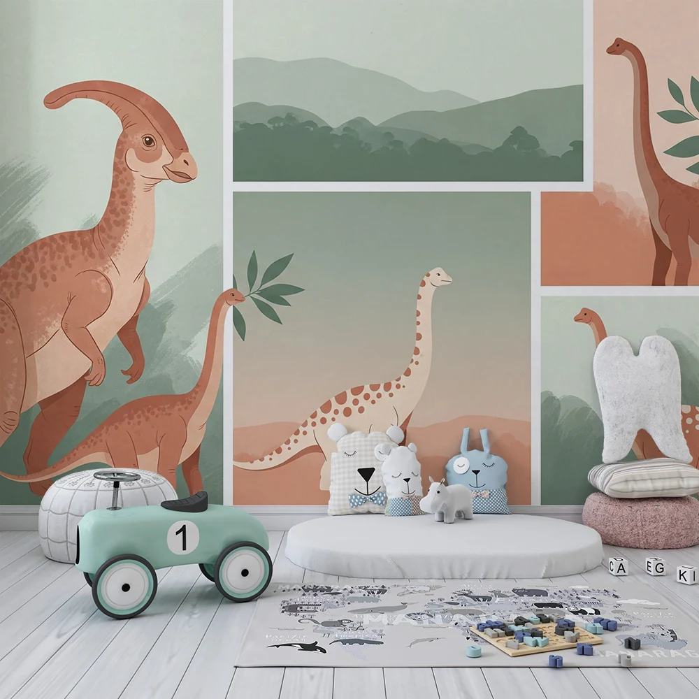 Dječja soba tapeta | Šareni dinosaurusi u nježnom krajoliku
