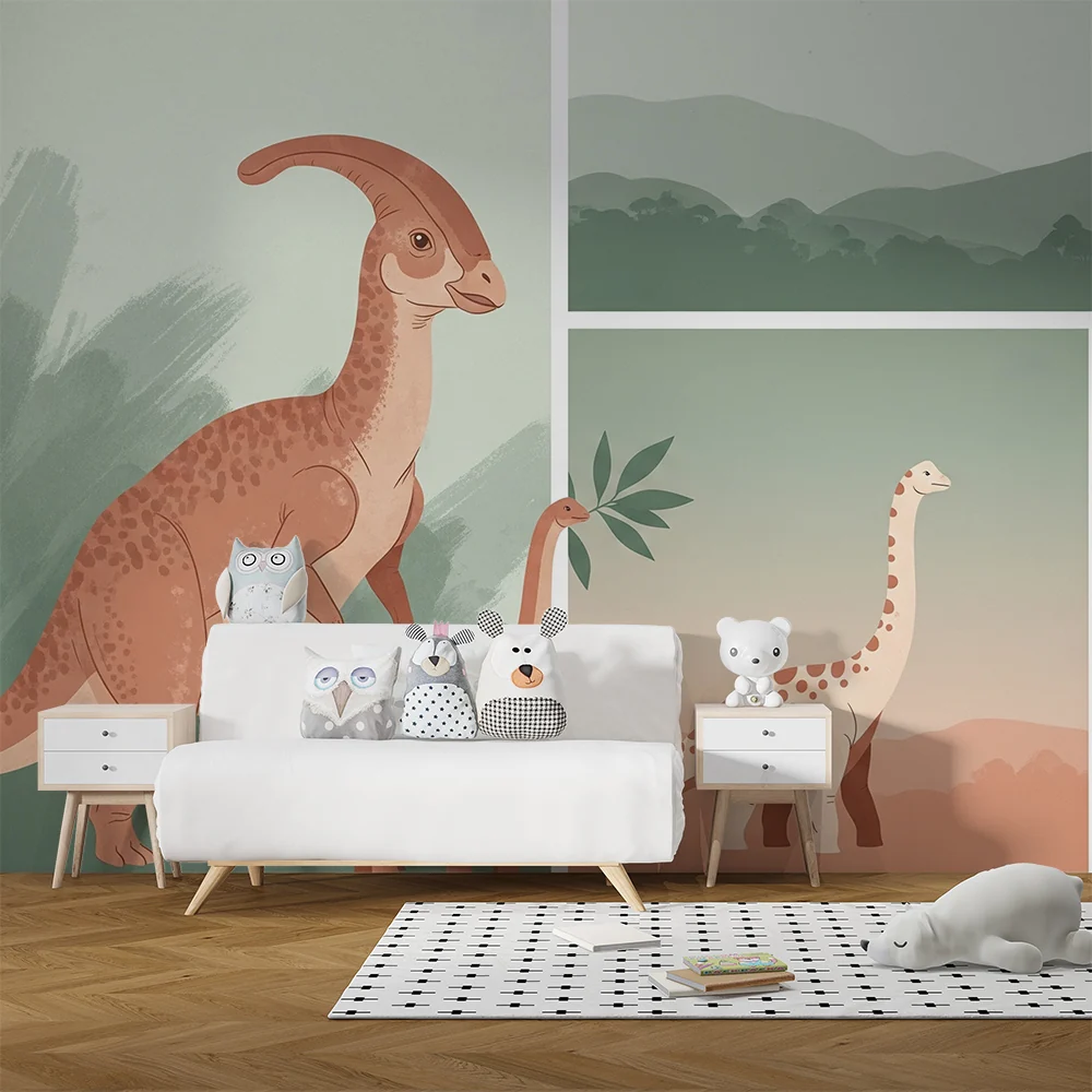 Dječja soba tapeta | Šareni dinosaurusi u nježnom krajoliku