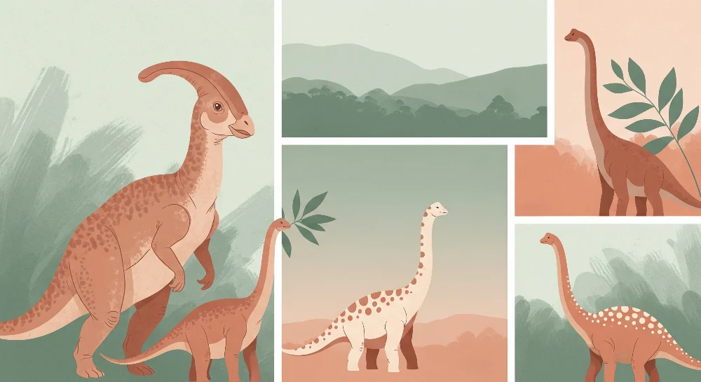 Dječja soba tapeta | Šareni dinosaurusi u nježnom krajoliku