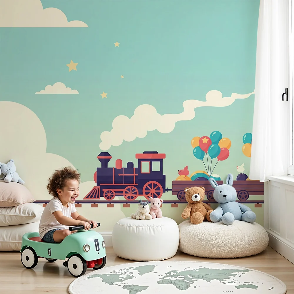Dječja soba tapeta | Šareni vlak s balonima i veselim životinjama
