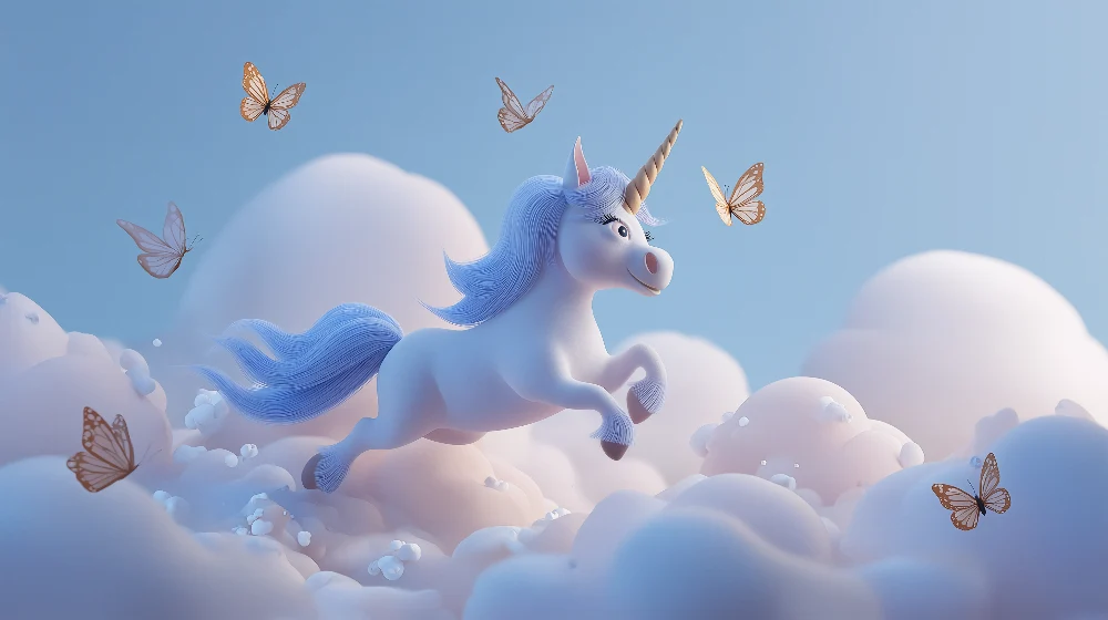 Dječja soba tapeta | Čarobni jednorog na oblačnom nebu s leptirima