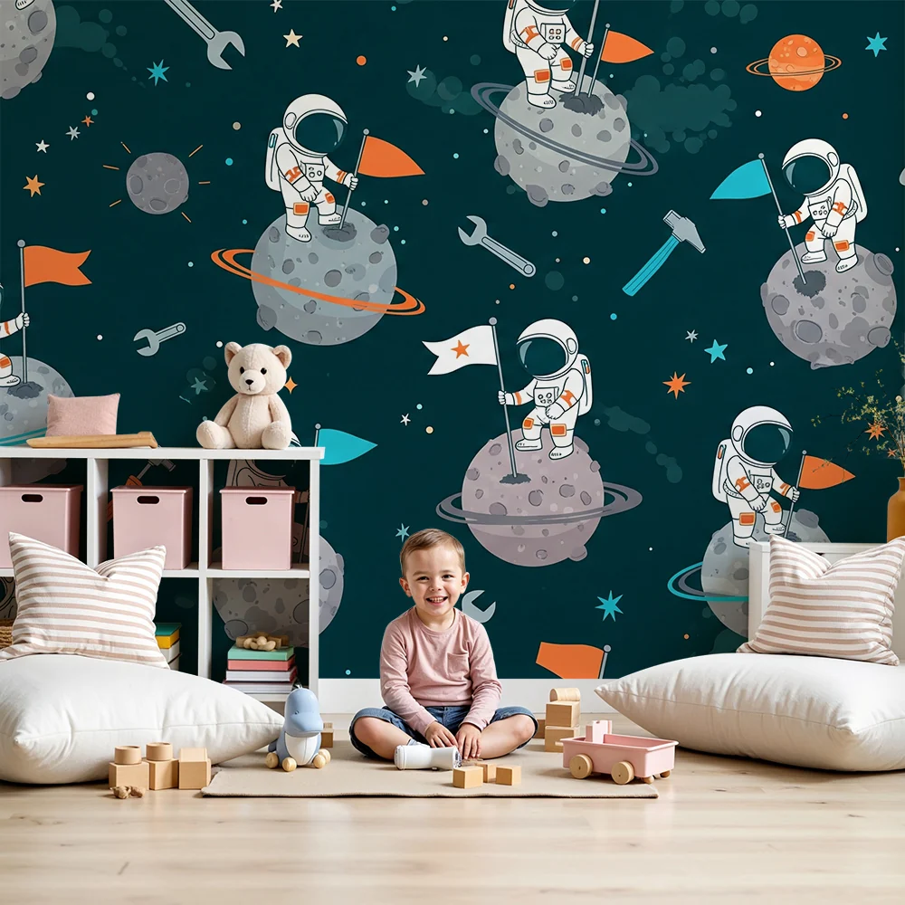 Dječja soba tapeta | Astronauti istražuju svemir s šarenim zastavama