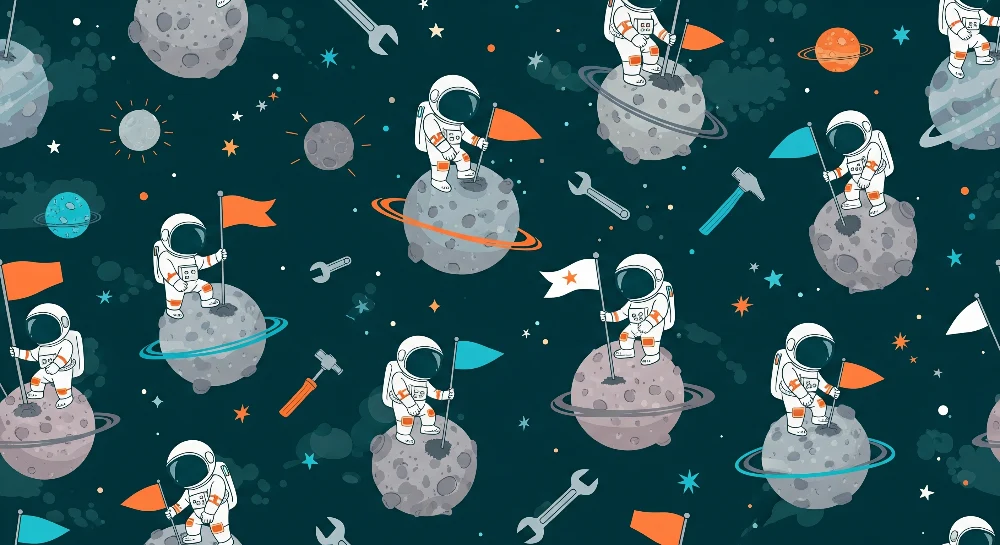 Dječja soba tapeta | Astronauti istražuju svemir s šarenim zastavama