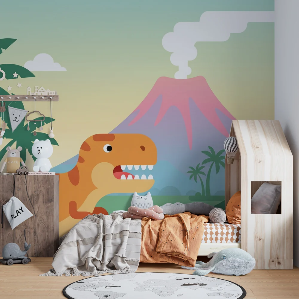 Dječja soba tapeta | Dinosaur i vulkan na zalasku sunca