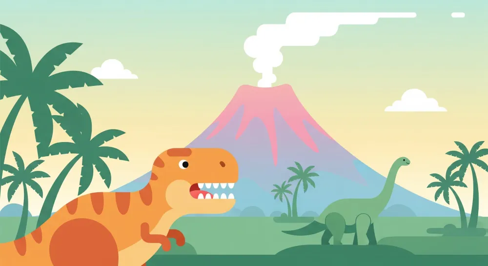 Dječja soba tapeta | Dinosaur i vulkan na zalasku sunca