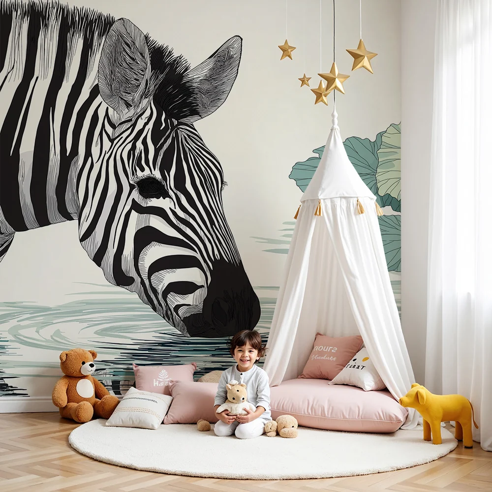Dječja soba tapeta | Elegantni zebra uz rub vode okružen lokvanjima