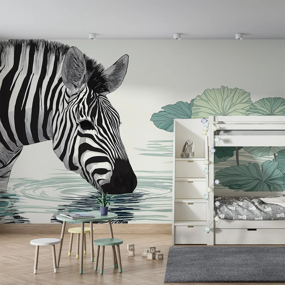 Dječja soba tapeta | Elegantni zebra uz rub vode okružen lokvanjima