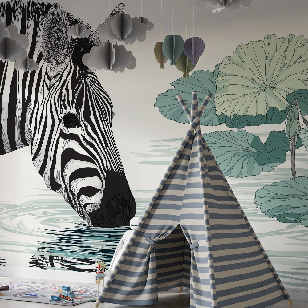 Dječja soba tapeta | Elegantni zebra uz rub vode okružen lokvanjima