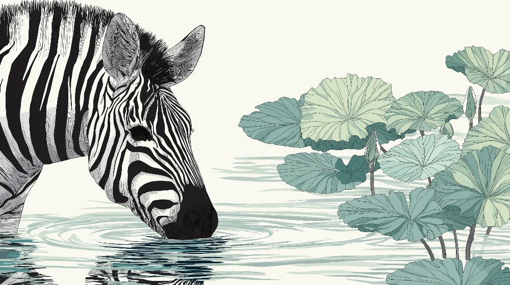 Dječja soba tapeta | Elegantni zebra uz rub vode okružen lokvanjima