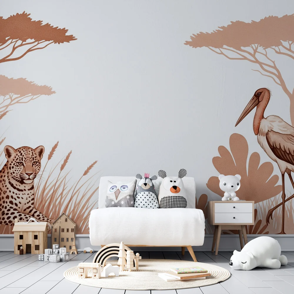 Dječja soba tapeta | Leopard i flamingo u savani