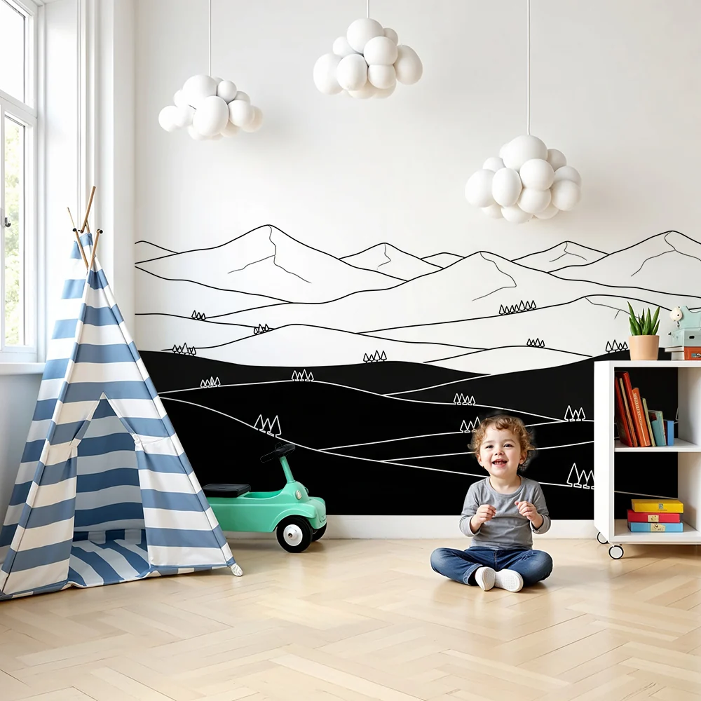 Dječja soba tapeta | Minimalistički crno-bijeli planinski krajolik