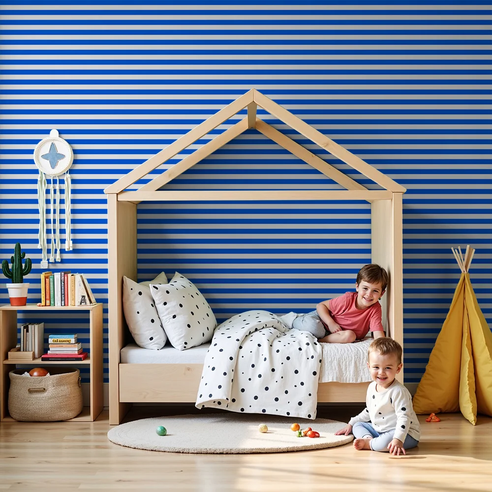 Dječja soba tapeta | Moderne plave i bijele pruge