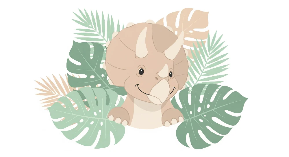 Dječja soba tapeta | Osmijehom okružen triceratops dinosaurusom okružen tropskim lišćem