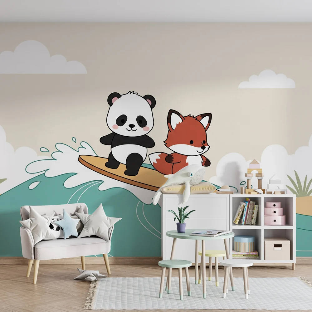 Dječja soba tapeta | Panda i lisica na valovima