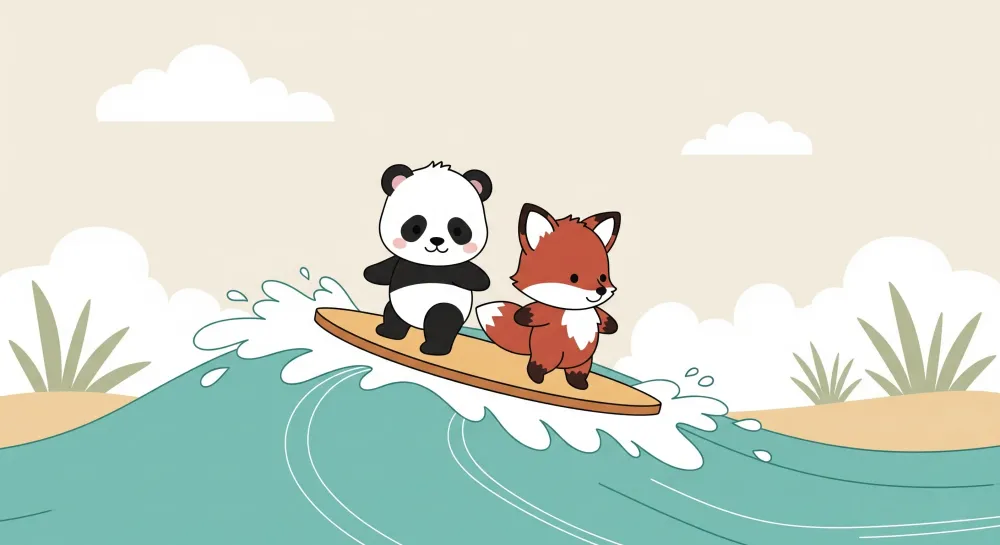 Dječja soba tapeta | Panda i lisica na valovima
