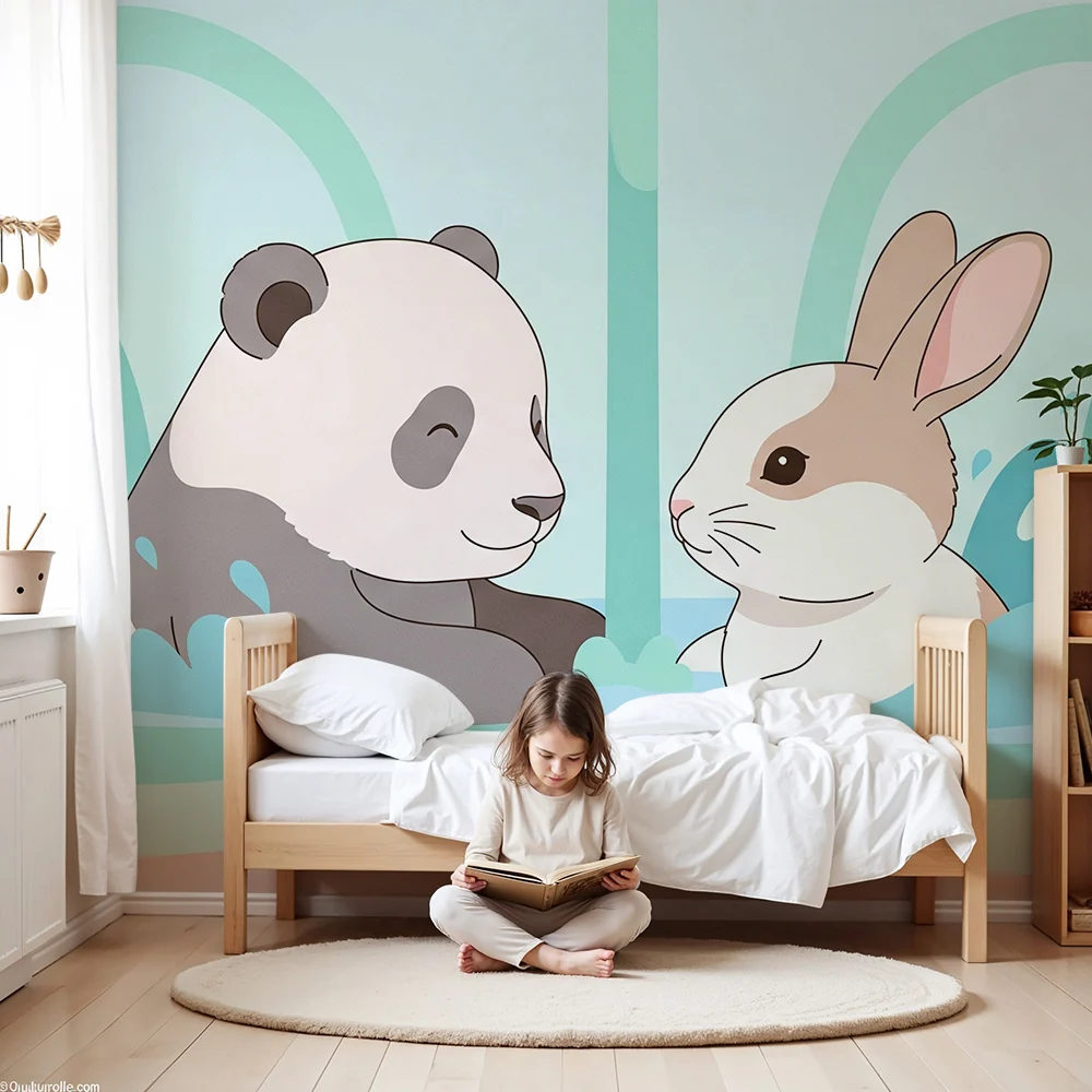Dječja soba tapeta | Panda i zec u vodi