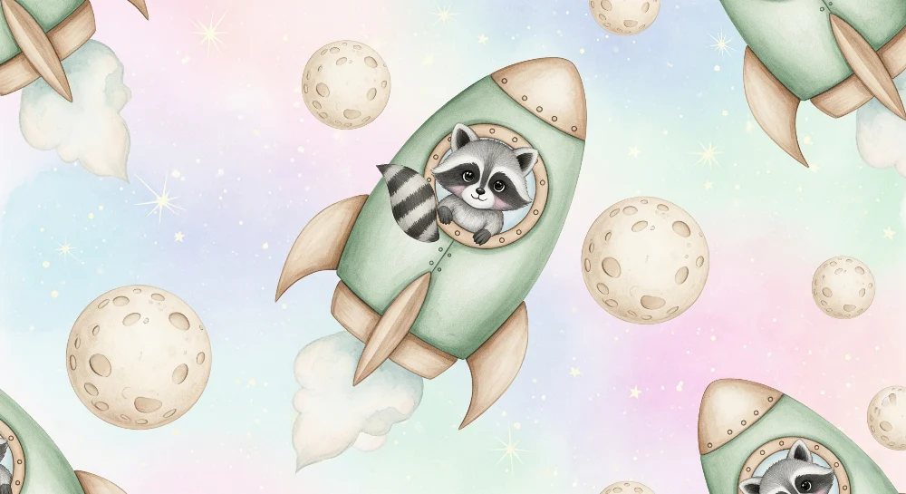 Dječja soba tapeta | Rakun astronaut i rakete u svemiru