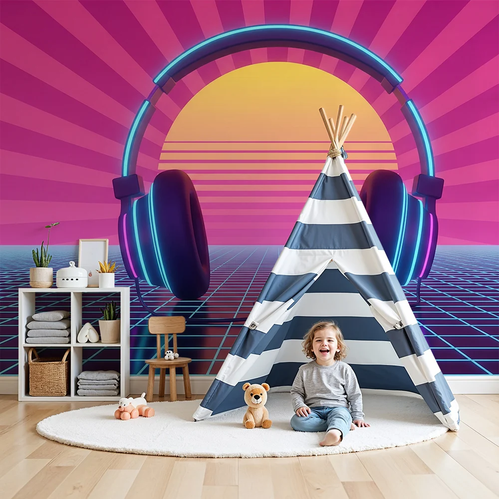 Dječja soba tapeta | Retro slušalice s vibrantnim zalaskom sunca