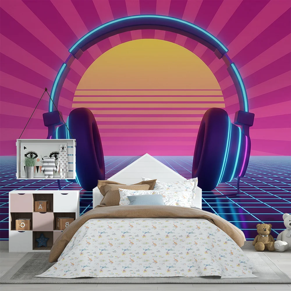 Dječja soba tapeta | Retro slušalice s vibrantnim zalaskom sunca