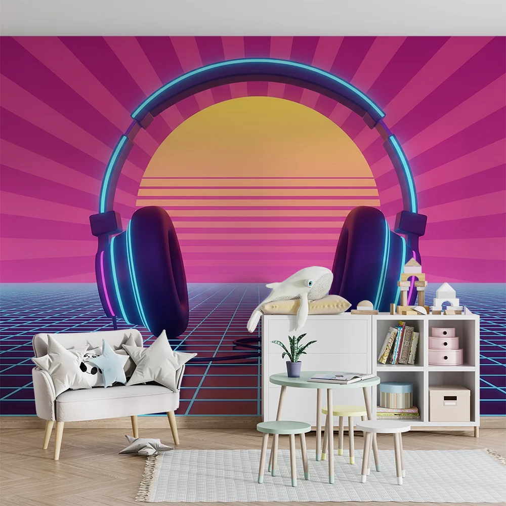 Dječja soba tapeta | Retro slušalice s vibrantnim zalaskom sunca