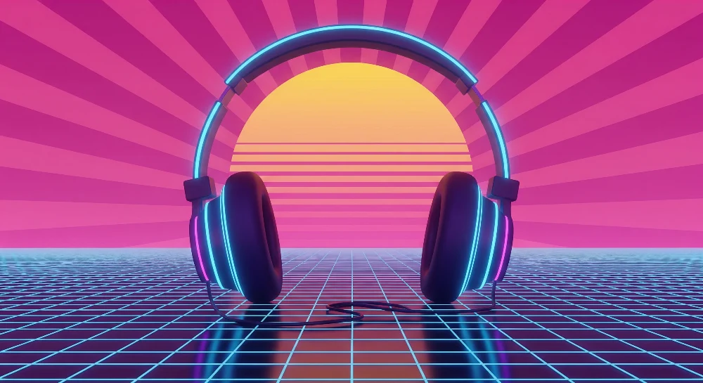 Dječja soba tapeta | Retro slušalice s vibrantnim zalaskom sunca