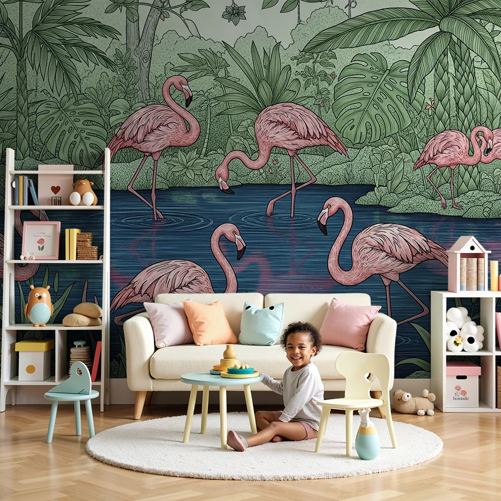 Dječja soba tapeta | Ružičasti flamingosi uz rub tropskog jezera