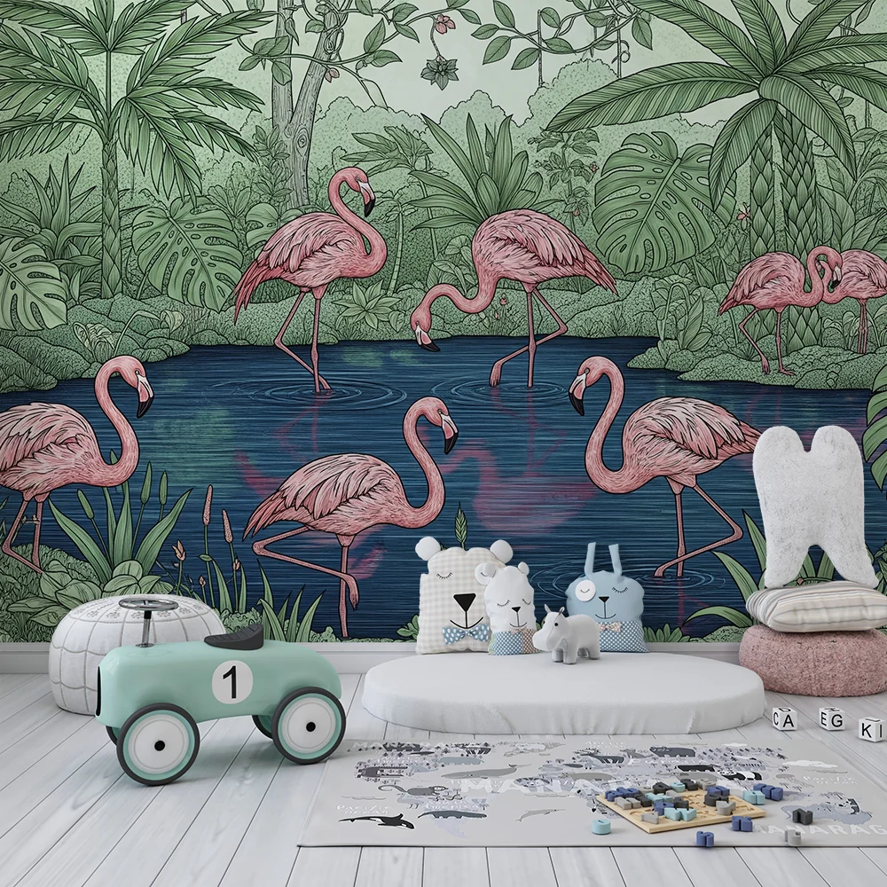 Dječja soba tapeta | Ružičasti flamingosi uz rub tropskog jezera