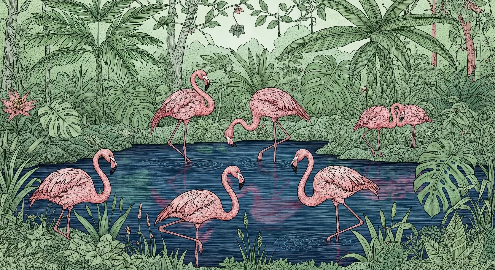 Dječja soba tapeta | Ružičasti flamingosi uz rub tropskog jezera
