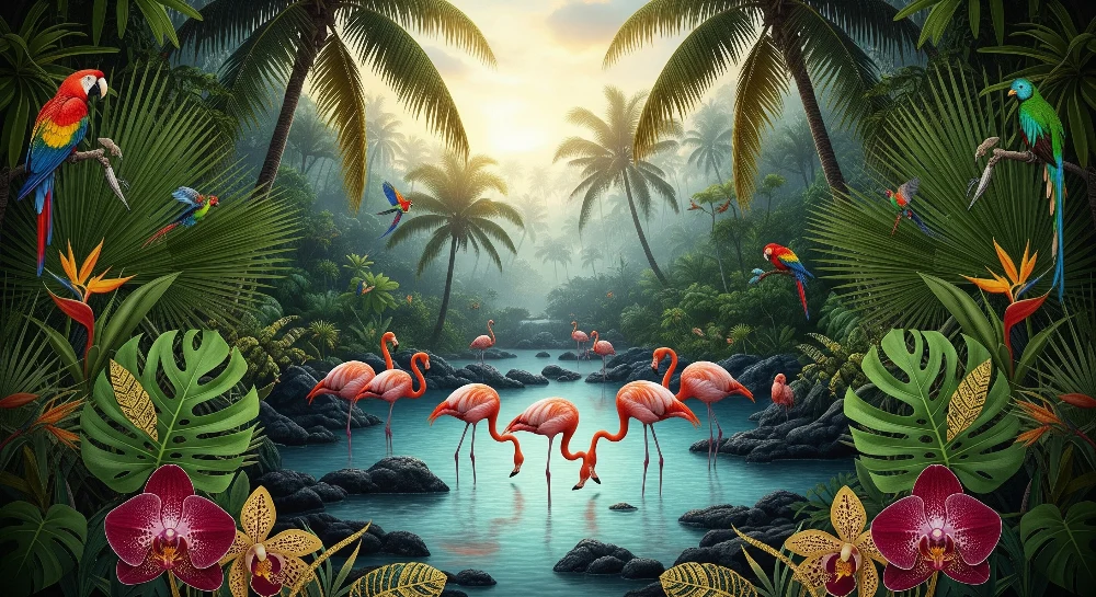 Dječja soba tapeta | Ružičasti flamingosi i tropska džungla s šarenim papagajima