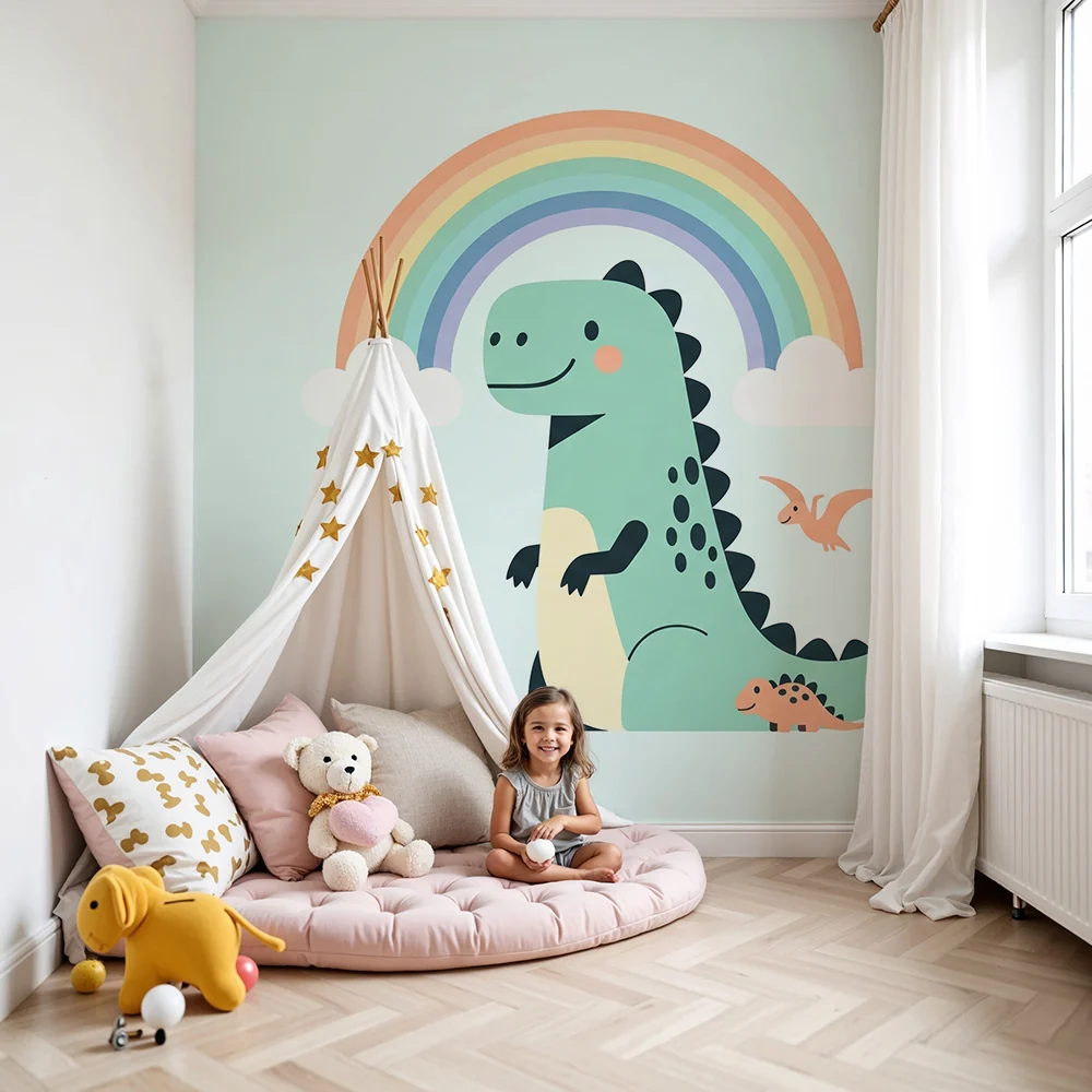 Dječja soba tapeta | Sretni dinosauri ispod šarene duginog.