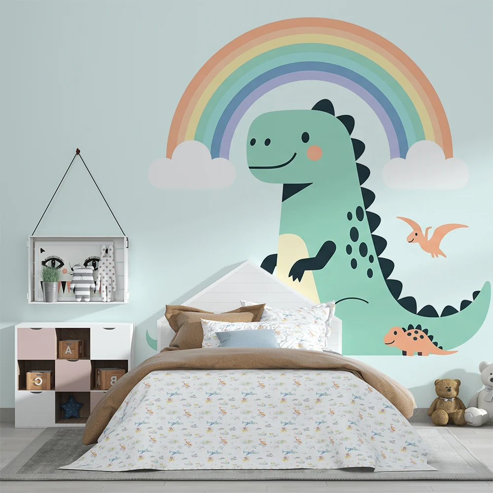 Dječja soba tapeta | Sretni dinosauri ispod šarene duginog.