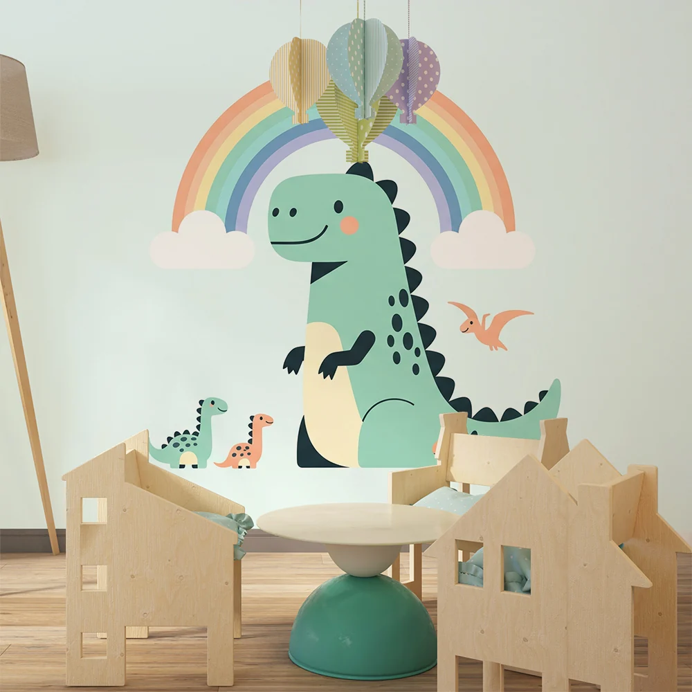 Dječja soba tapeta | Sretni dinosauri ispod šarene duginog.