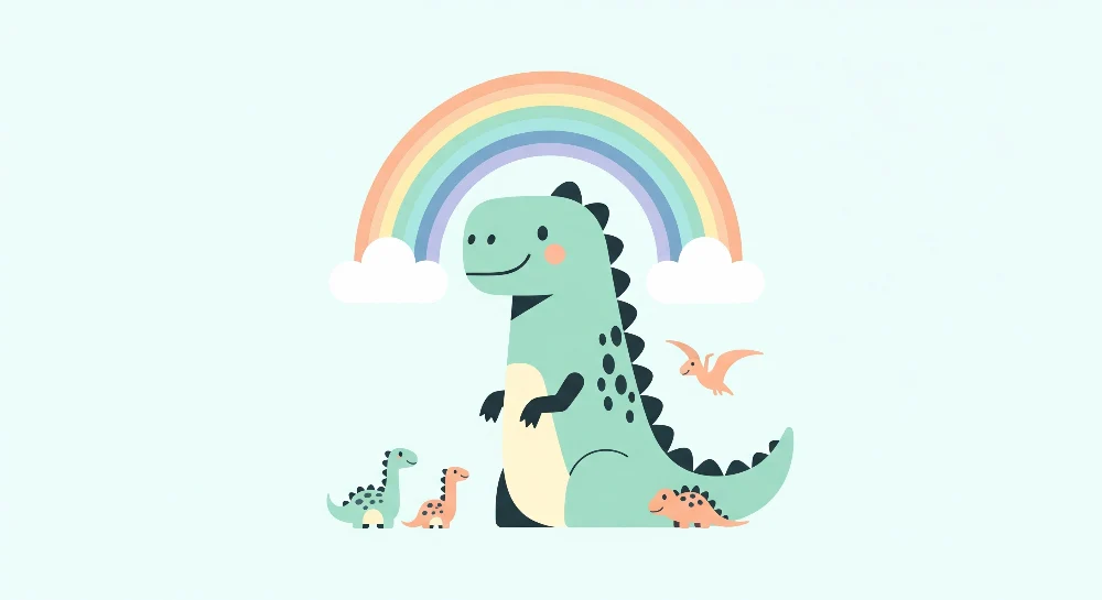 Dječja soba tapeta | Sretni dinosauri ispod šarene duginog.