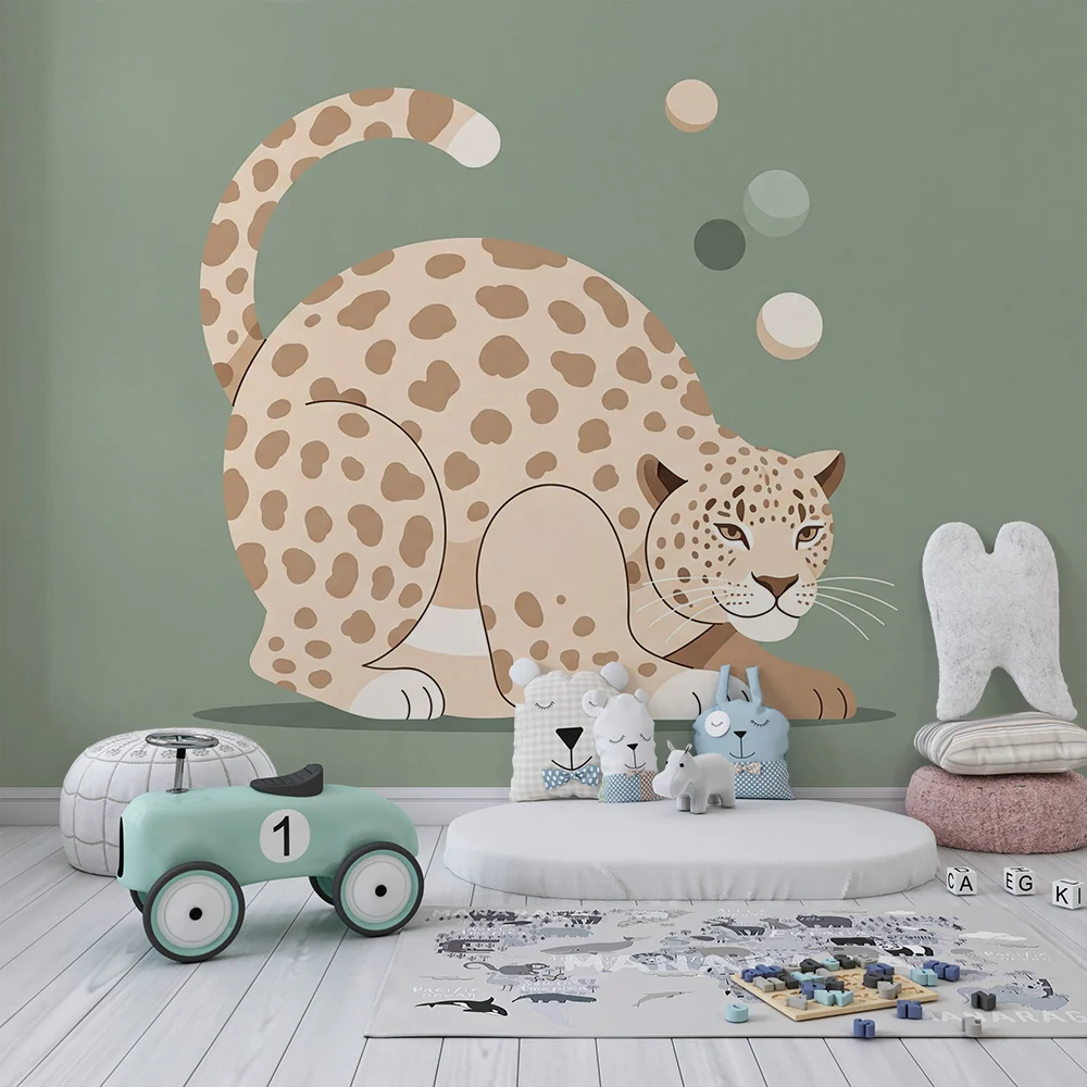 Dječja soba tapeta | Stilizirani leopard na nježno zelenoj pozadini