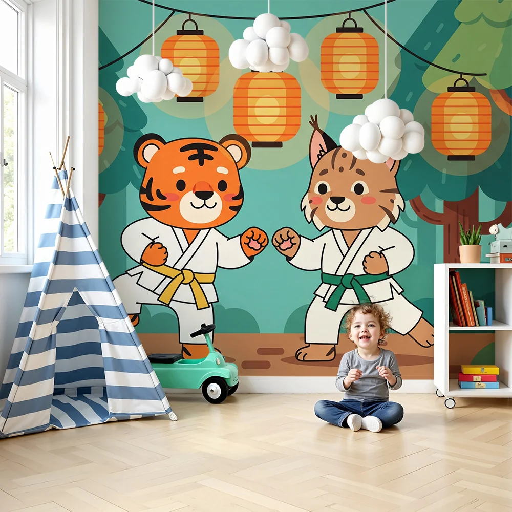 Dječja soba tapeta | Tigar i ris u karateu ispod lampiona