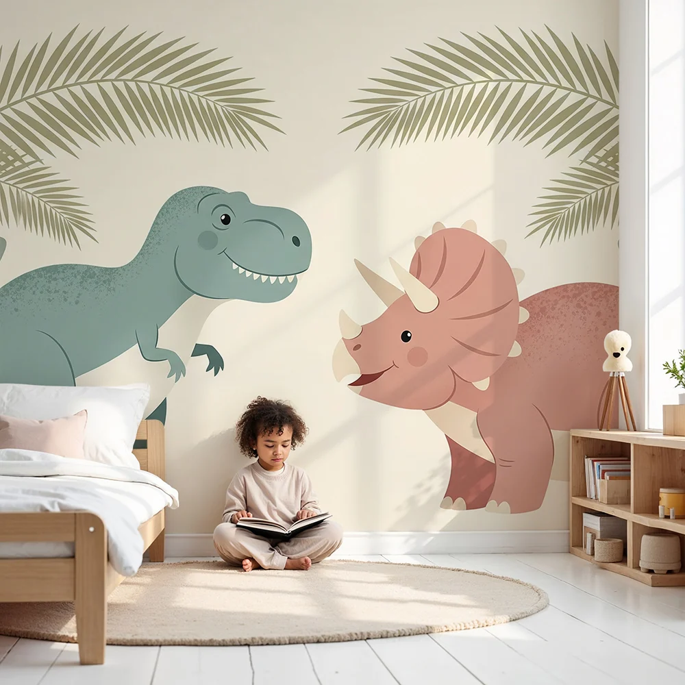 Dječja soba tapeta | Zabavni dinosauri usred palmi
