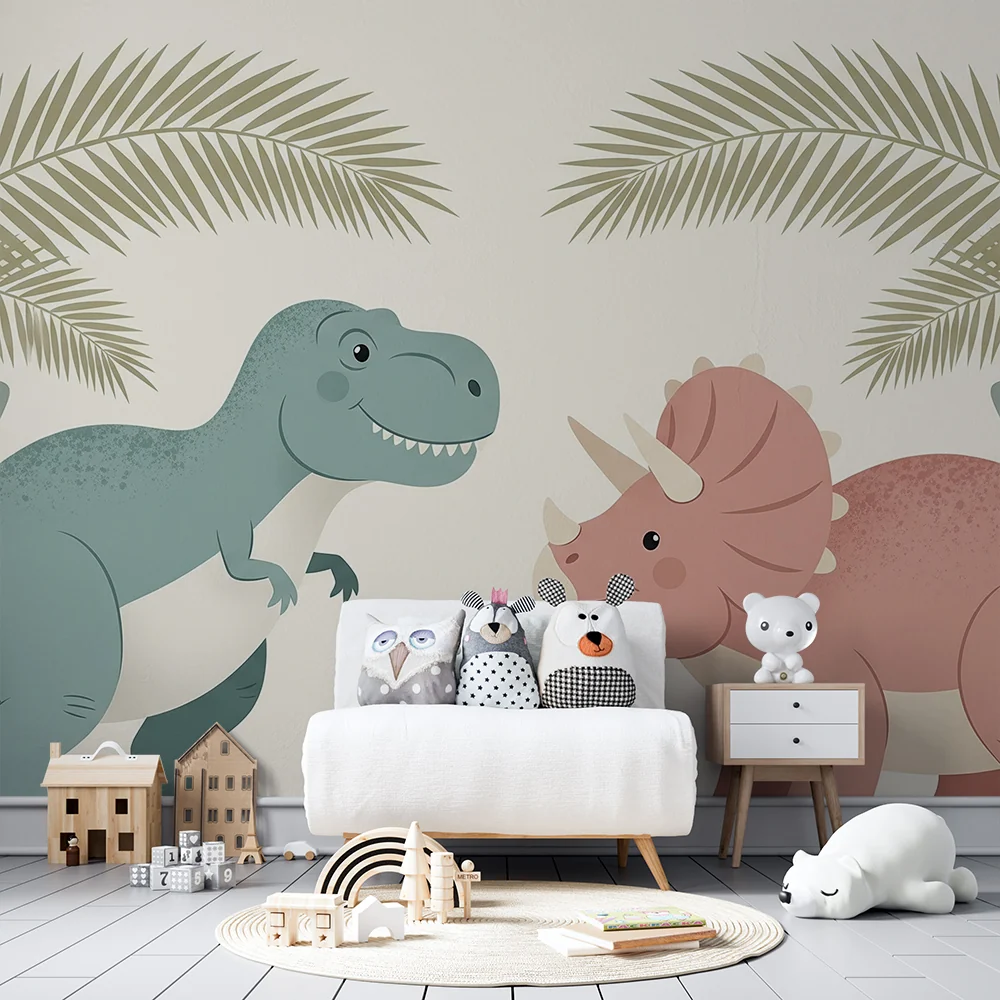 Dječja soba tapeta | Zabavni dinosauri usred palmi