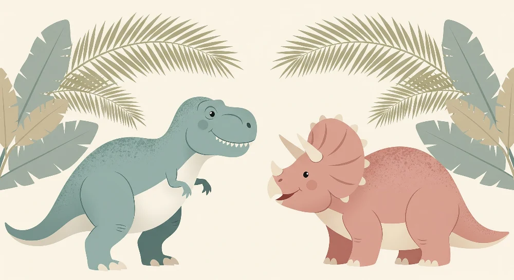 Dječja soba tapeta | Zabavni dinosauri usred palmi