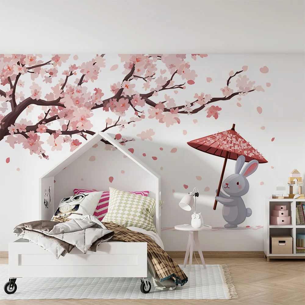 Dječja soba tapeta | Zec ispod cvjetajućeg trešnjinog stabla s kišobranom