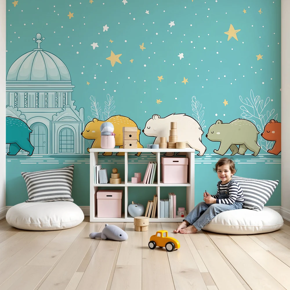 Kids room wallpaper | Šetnja malih medvjedić ispod zvijezda