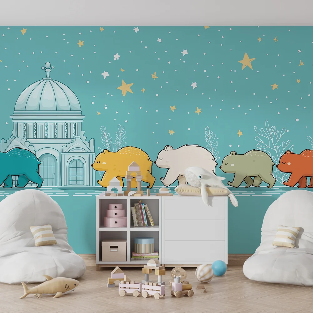 Kids room wallpaper | Šetnja malih medvjedić ispod zvijezda