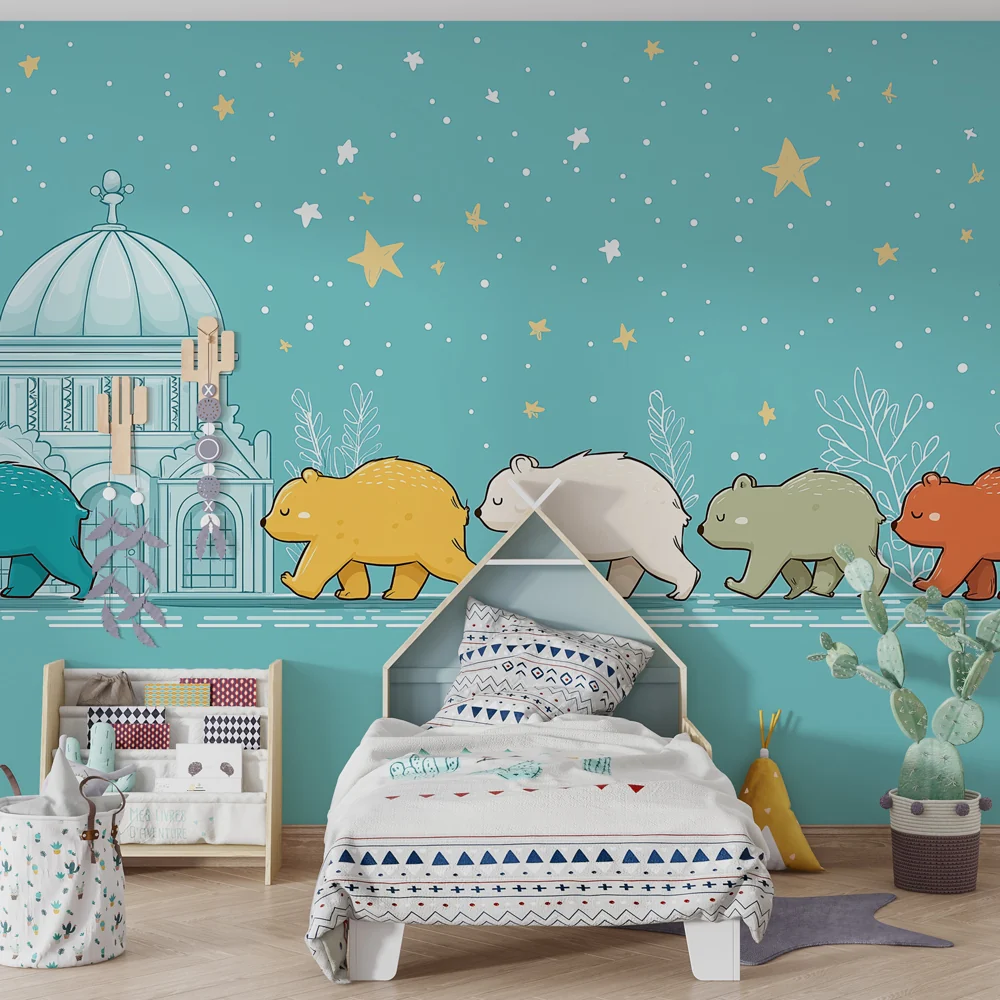 Kids room wallpaper | Šetnja malih medvjedić ispod zvijezda