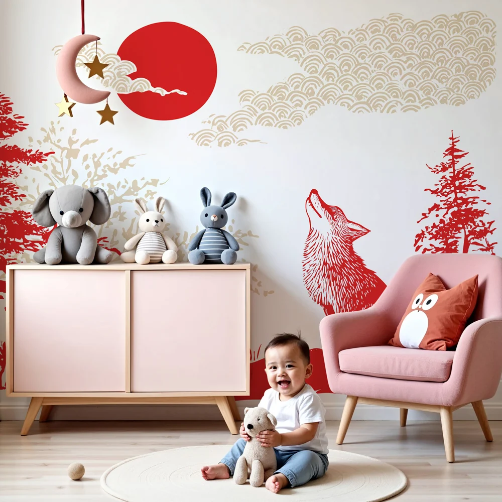 Kids room wallpaper | Fox under rising sun