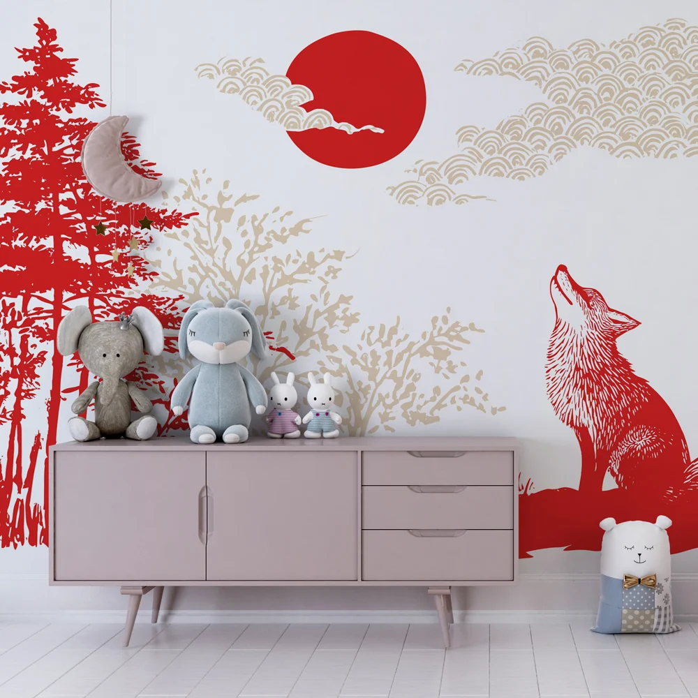 Kids room wallpaper | Fox under rising sun