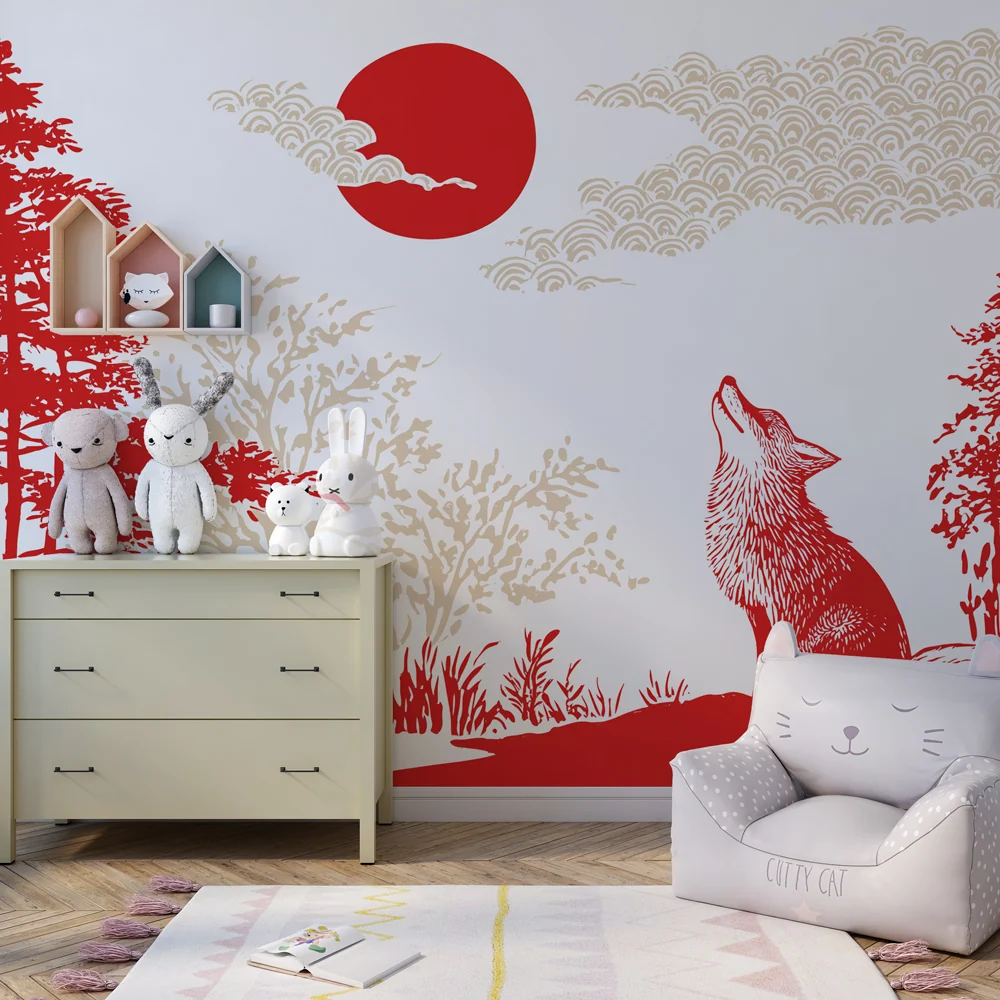 Kids room wallpaper | Fox under rising sun