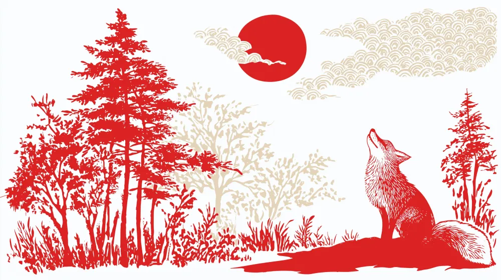 Kids room wallpaper | Fox under rising sun