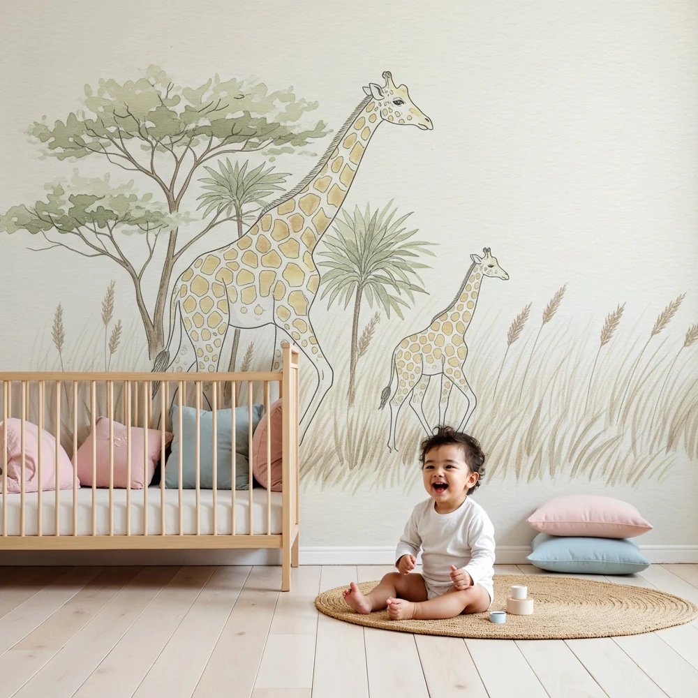 Kids room wallpaper | Giraffes and gentle savanna
